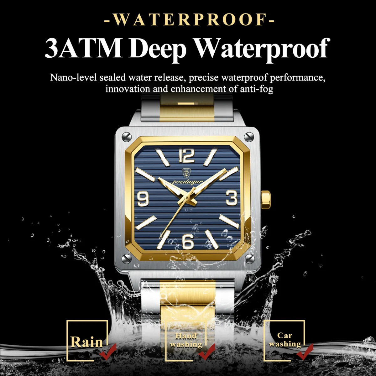POEDAGAR Luxury Man Wristwatch Square Quartz Waterproof Luminous Stainless Steel - Image 3
