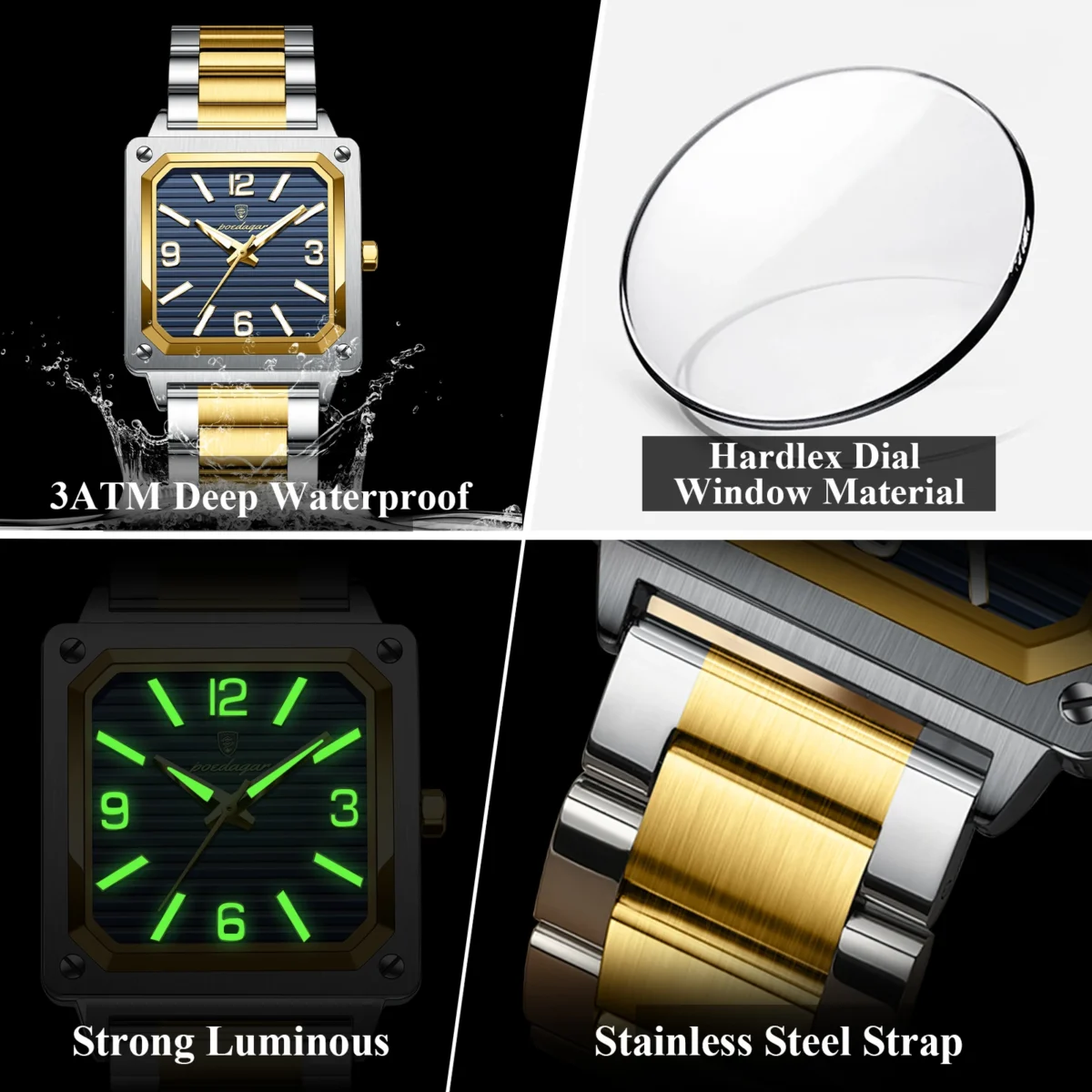 POEDAGAR Luxury Man Wristwatch Square Quartz Waterproof Luminous Stainless Steel - Image 4