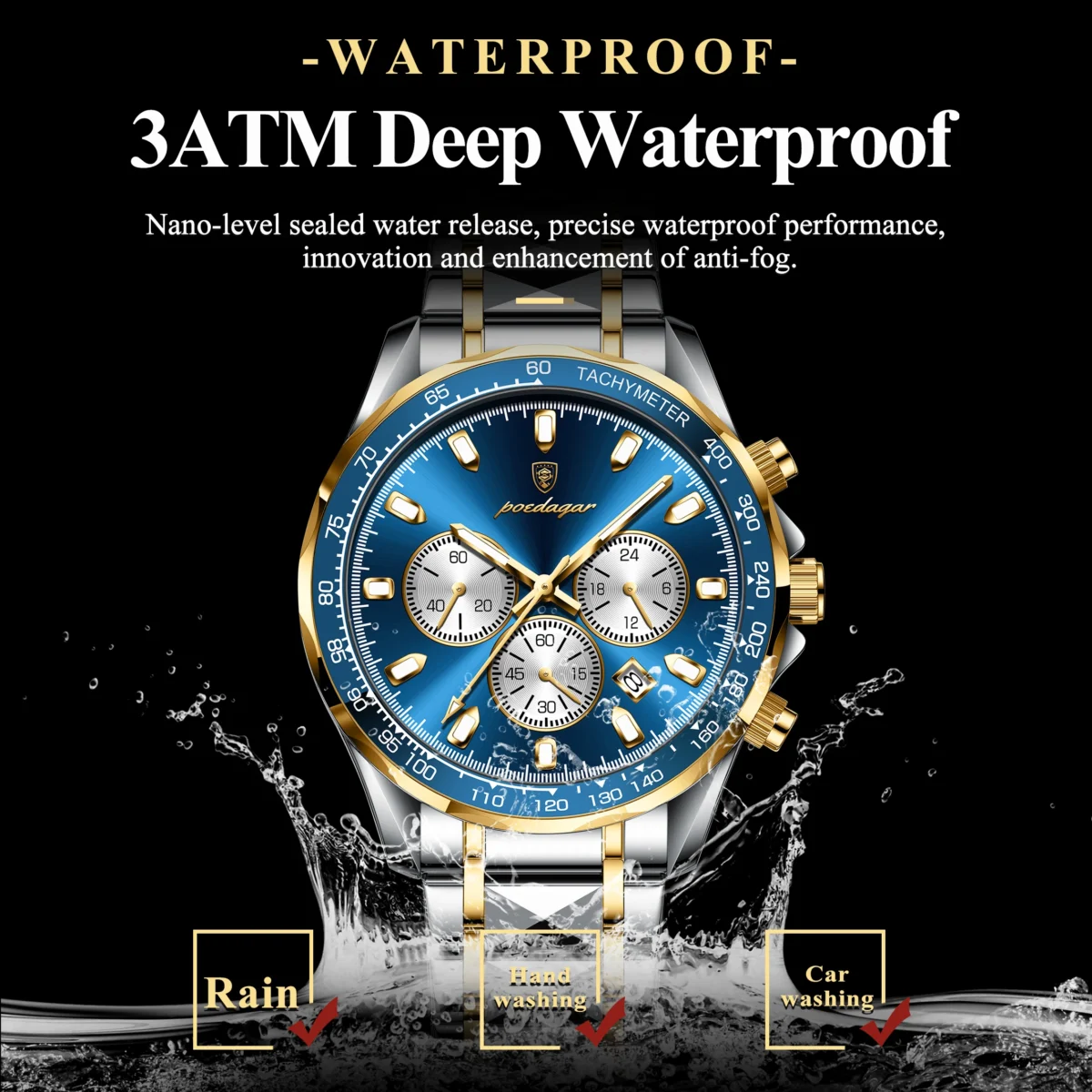 POEDAGAR Luxury Sports Watch Men Quartz Waterproof Luminous Date Stainless Steel - Image 3