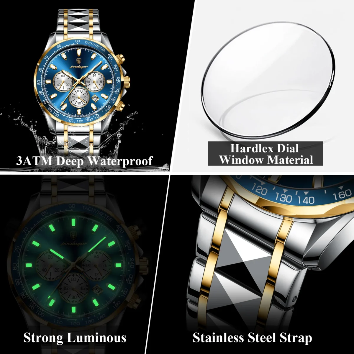 POEDAGAR Luxury Sports Watch Men Quartz Waterproof Luminous Date Stainless Steel - Image 4