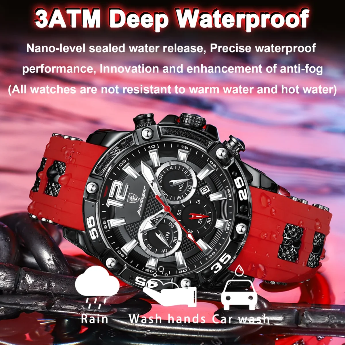 POEDAGAR Men's Sport Illuminated Waterproof Watch - Silicone Bracelets - Image 3